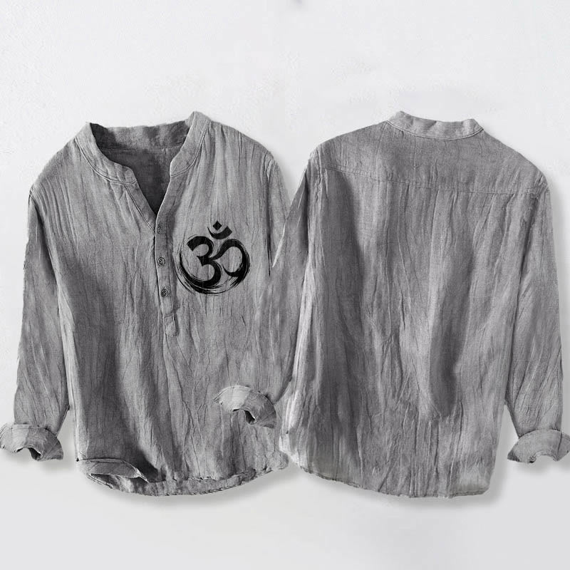 Cotton-Linen Stand Collar Long Sleeve Shirt with Sacred Om Motif