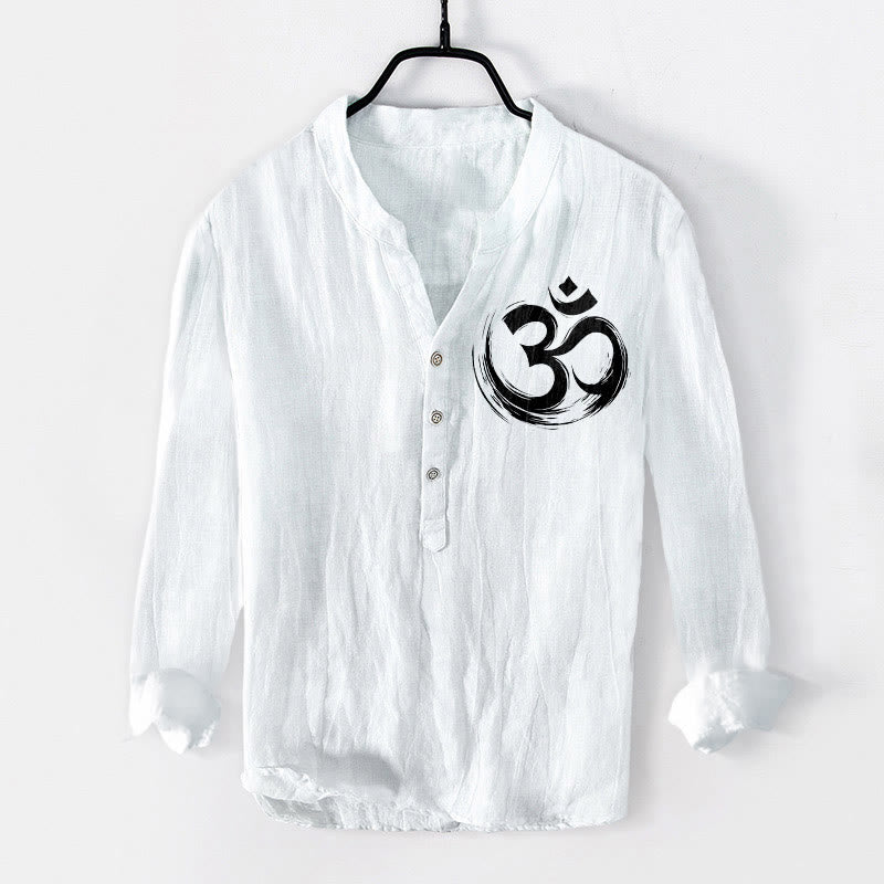 Cotton-Linen Stand Collar Long Sleeve Shirt with Sacred Om Motif