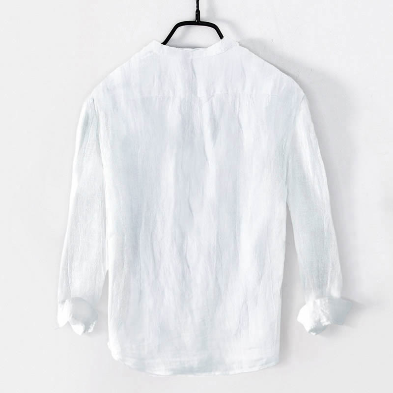 Cotton-Linen Stand Collar Long Sleeve Shirt with Sacred Om Motif