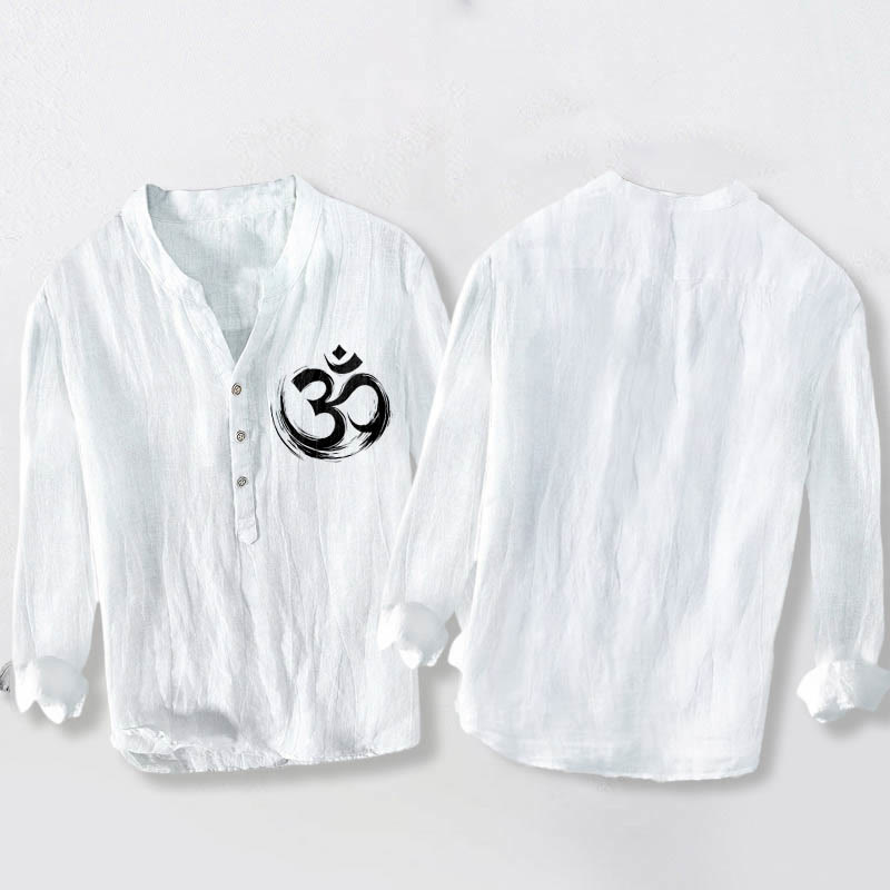 Cotton-Linen Stand Collar Long Sleeve Shirt with Sacred Om Motif