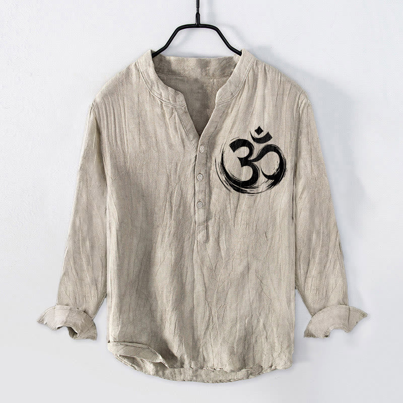 Cotton-Linen Stand Collar Long Sleeve Shirt with Sacred Om Motif