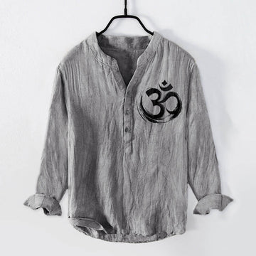 Cotton-Linen Stand Collar Long Sleeve Shirt with Sacred Om Motif