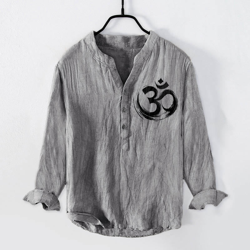 Cotton-Linen Stand Collar Long Sleeve Shirt with Sacred Om Motif