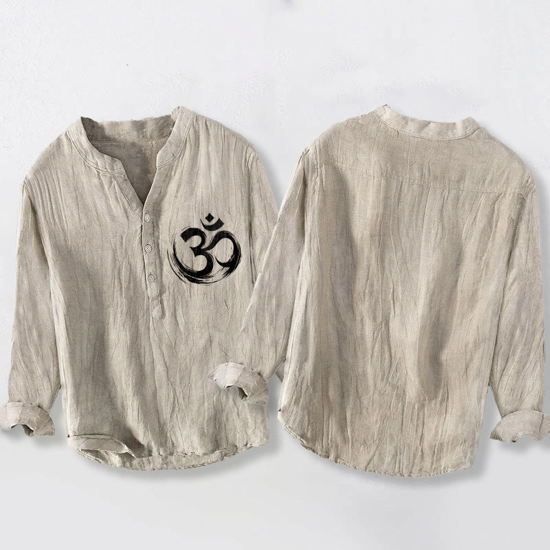 Cotton-Linen Stand Collar Long Sleeve Shirt with Sacred Om Motif