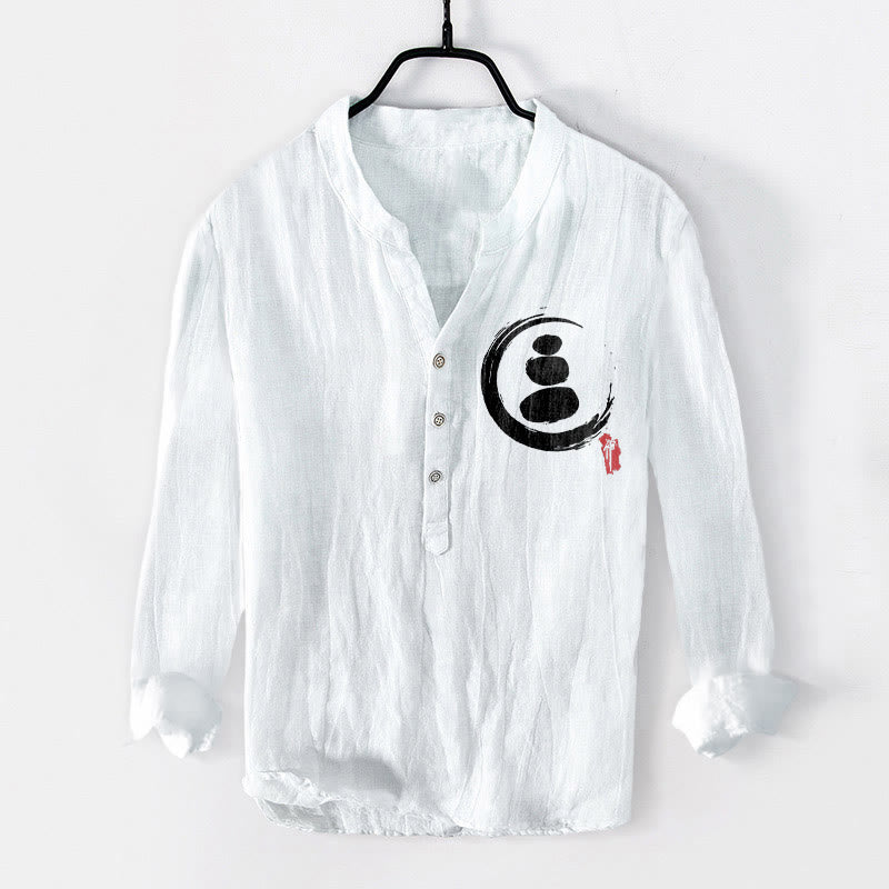 Zen Stone Pattern Half Buttons Men's Cotton Linen Long Sleeve Shirt