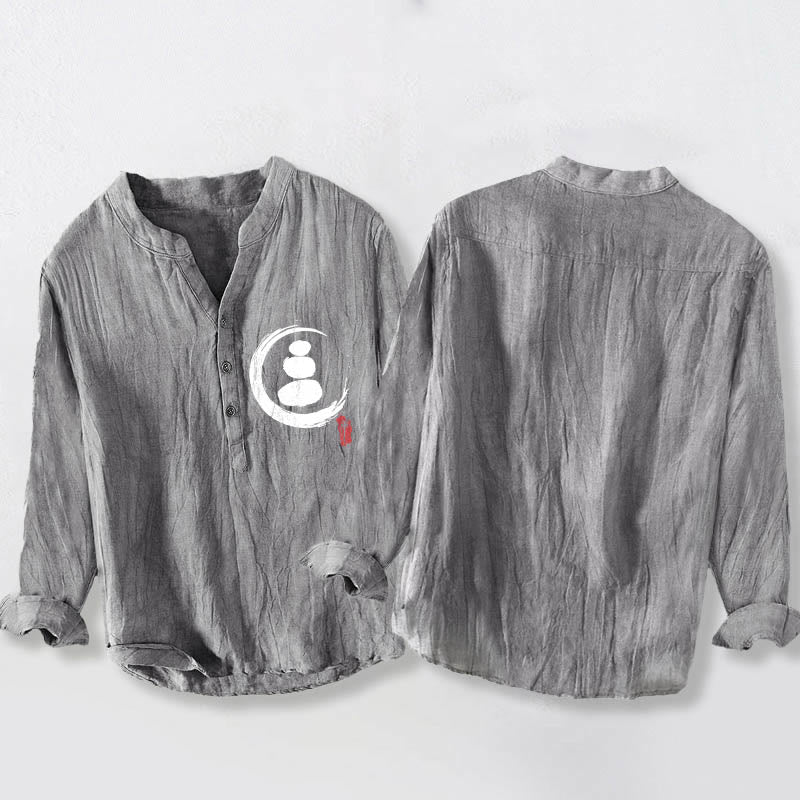 Zen Stone Pattern Half Buttons Men's Cotton Linen Long Sleeve Shirt