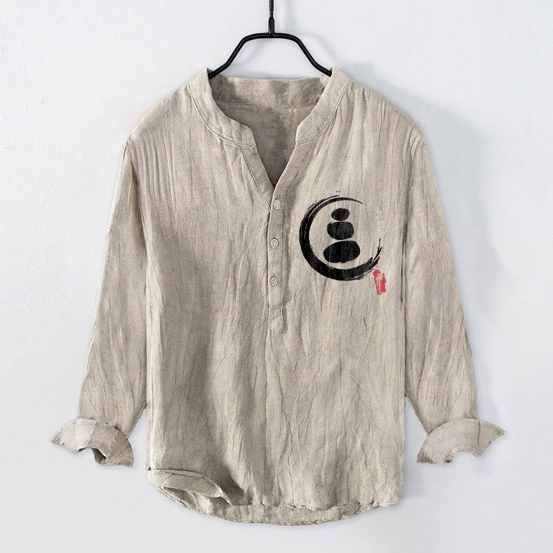 Zen Stone Pattern Half Buttons Men's Cotton Linen Long Sleeve Shirt