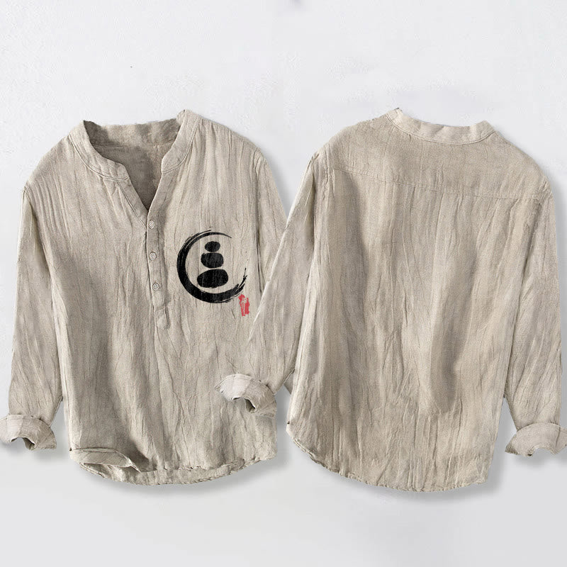 Zen Stone Pattern Half Buttons Men's Cotton Linen Long Sleeve Shirt
