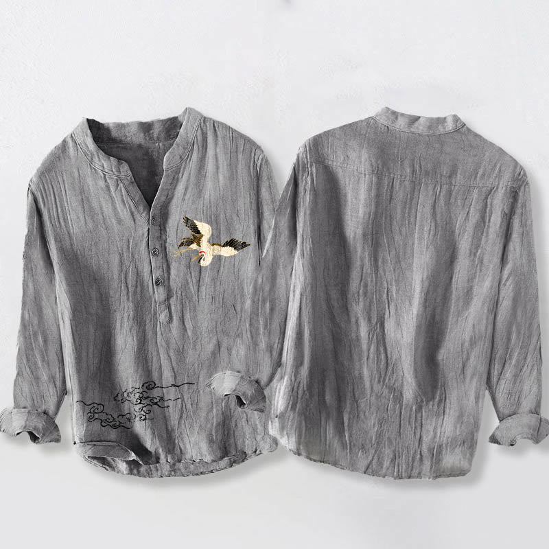 Cotton Linen Stand Collar Long Sleeve Shirt with Crane Motif