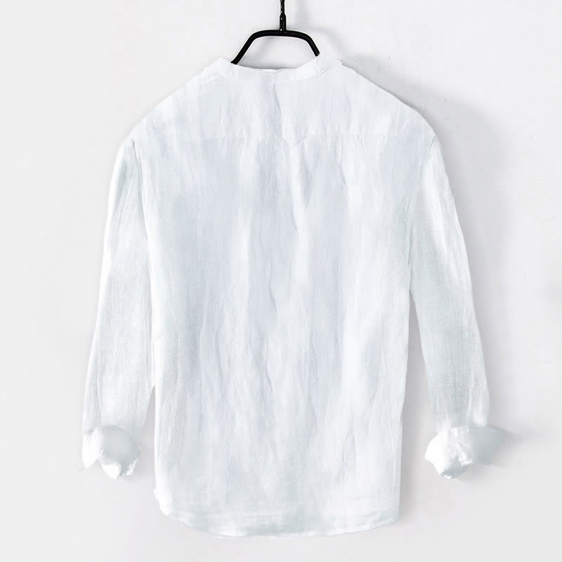 Cotton Linen Stand Collar Long Sleeve Shirt with Crane Motif