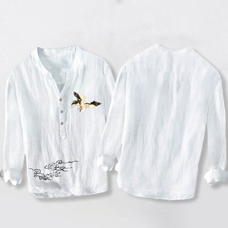 Cotton Linen Stand Collar Long Sleeve Shirt with Crane Motif