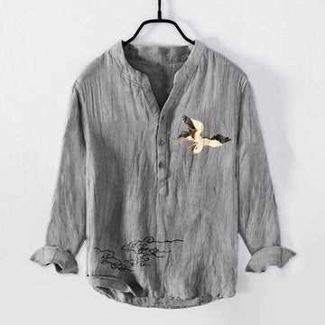 Cotton Linen Stand Collar Long Sleeve Shirt with Crane Motif