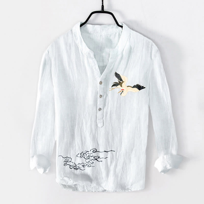 Cotton Linen Stand Collar Long Sleeve Shirt with Crane Motif