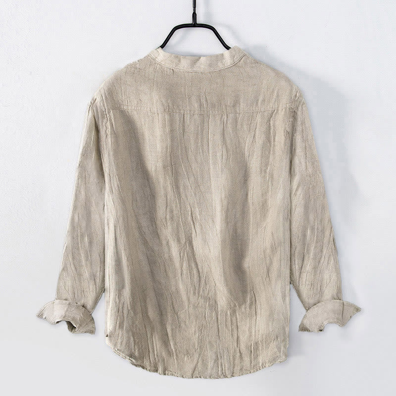 Cotton Linen Stand Collar Long Sleeve Shirt with Crane Motif