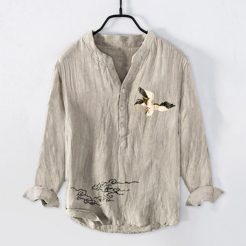 Cotton Linen Stand Collar Long Sleeve Shirt with Crane Motif
