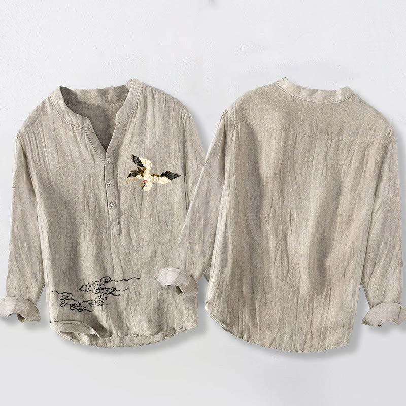 Cotton Linen Stand Collar Long Sleeve Shirt with Crane Motif