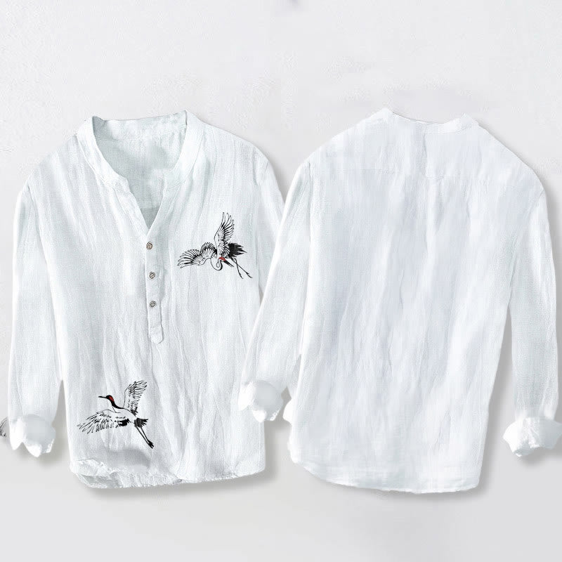 Red-crowned Crane Pattern Half Buttons Men's Cotton Linen Long Sleeve Shirt