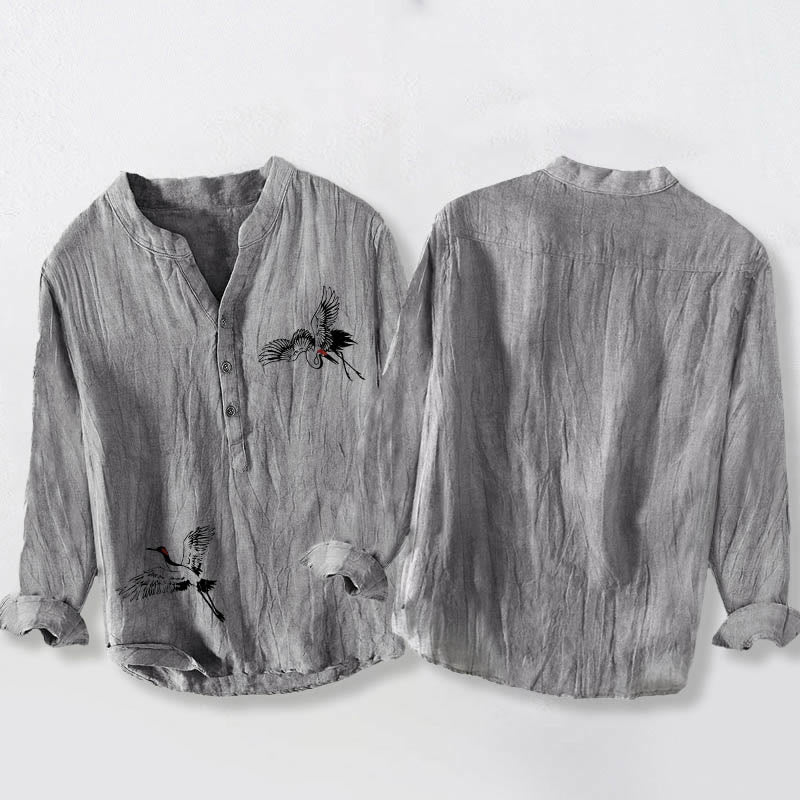 Red-crowned Crane Pattern Half Buttons Men's Cotton Linen Long Sleeve Shirt