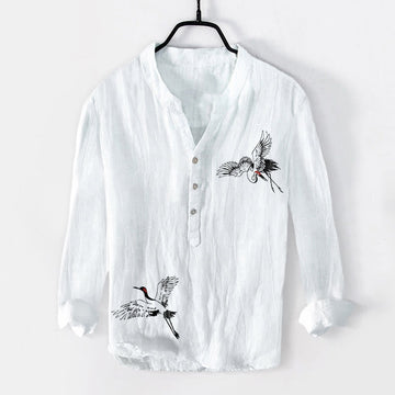 Red-crowned Crane Pattern Half Buttons Men's Cotton Linen Long Sleeve Shirt