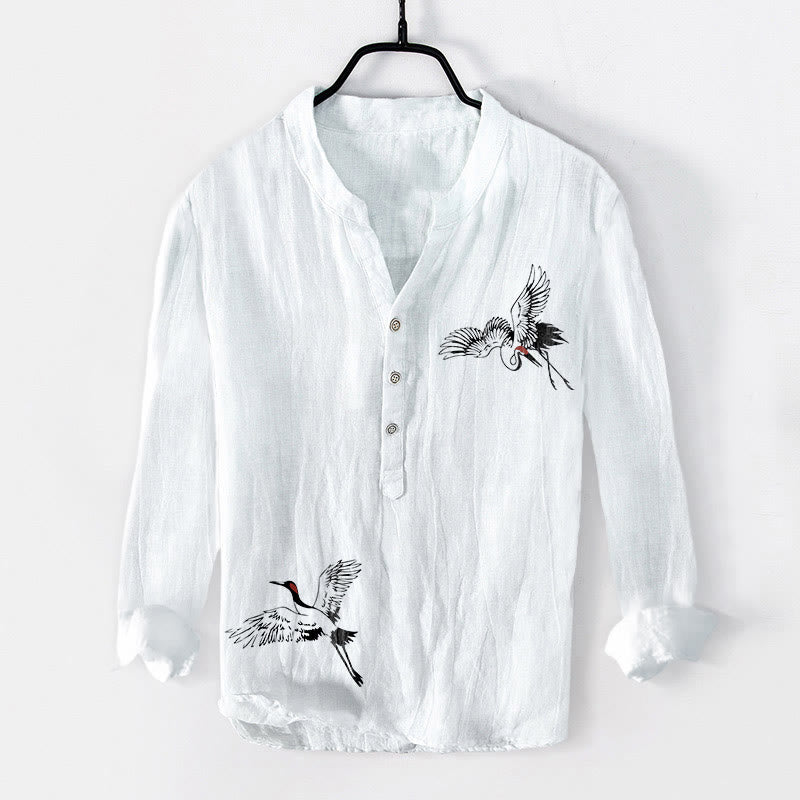 Red-crowned Crane Pattern Half Buttons Men's Cotton Linen Long Sleeve Shirt