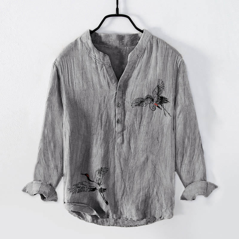 Red-crowned Crane Pattern Half Buttons Men's Cotton Linen Long Sleeve Shirt