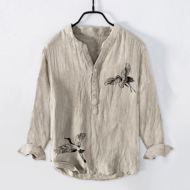 Red-crowned Crane Pattern Half Buttons Men's Cotton Linen Long Sleeve Shirt
