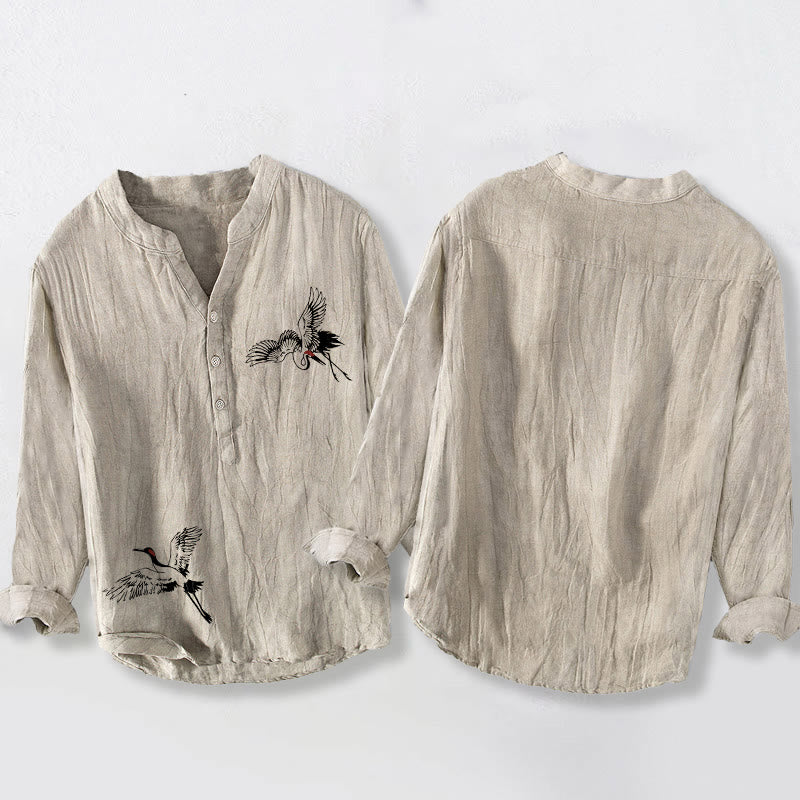 Red-crowned Crane Pattern Half Buttons Men's Cotton Linen Long Sleeve Shirt