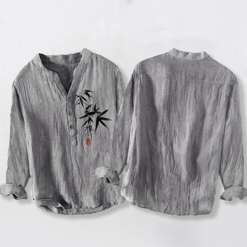 Cotton Linen Stand Collar Long Sleeve Shirt with Zen Bamboo Motif