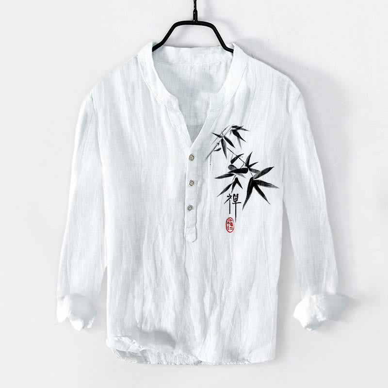 Cotton Linen Stand Collar Long Sleeve Shirt with Zen Bamboo Motif