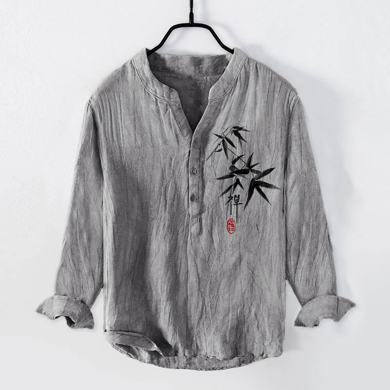 Cotton Linen Stand Collar Long Sleeve Shirt with Zen Bamboo Motif