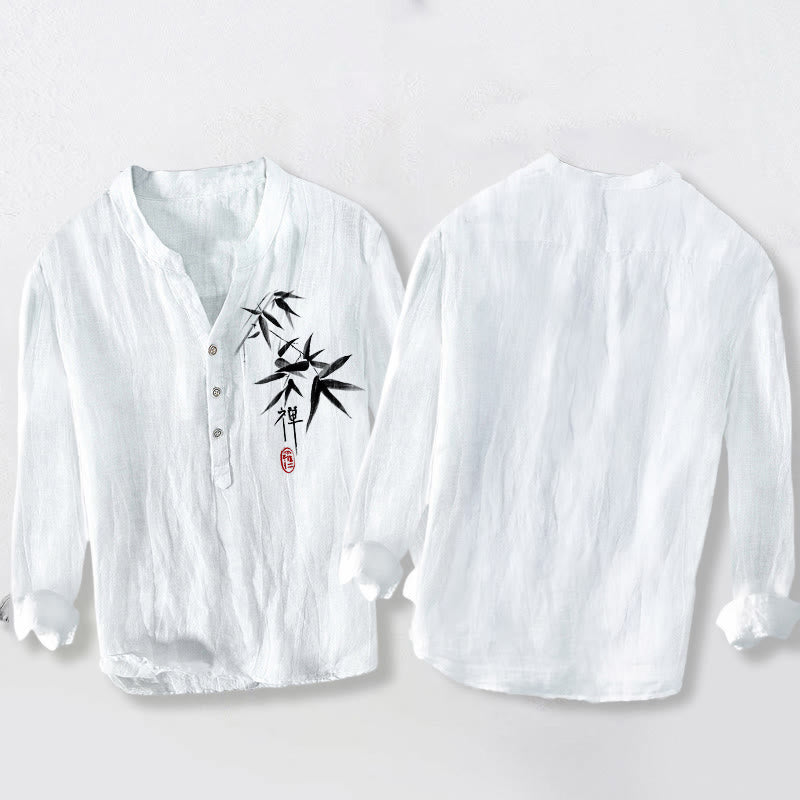 Cotton Linen Stand Collar Long Sleeve Shirt with Zen Bamboo Motif