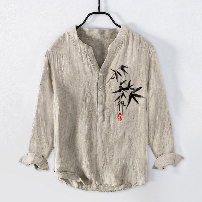 Cotton Linen Stand Collar Long Sleeve Shirt with Zen Bamboo Motif