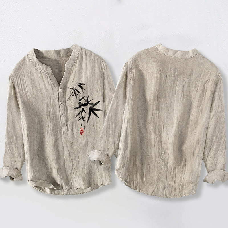 Cotton Linen Stand Collar Long Sleeve Shirt with Zen Bamboo Motif