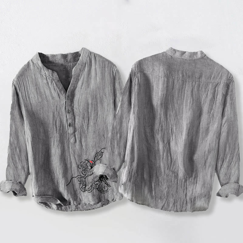 Cotton Linen Crane Print Stand Collar Mindful Shirt