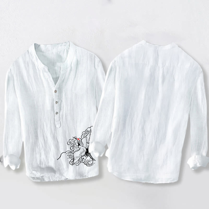 Cotton Linen Crane Print Stand Collar Mindful Shirt