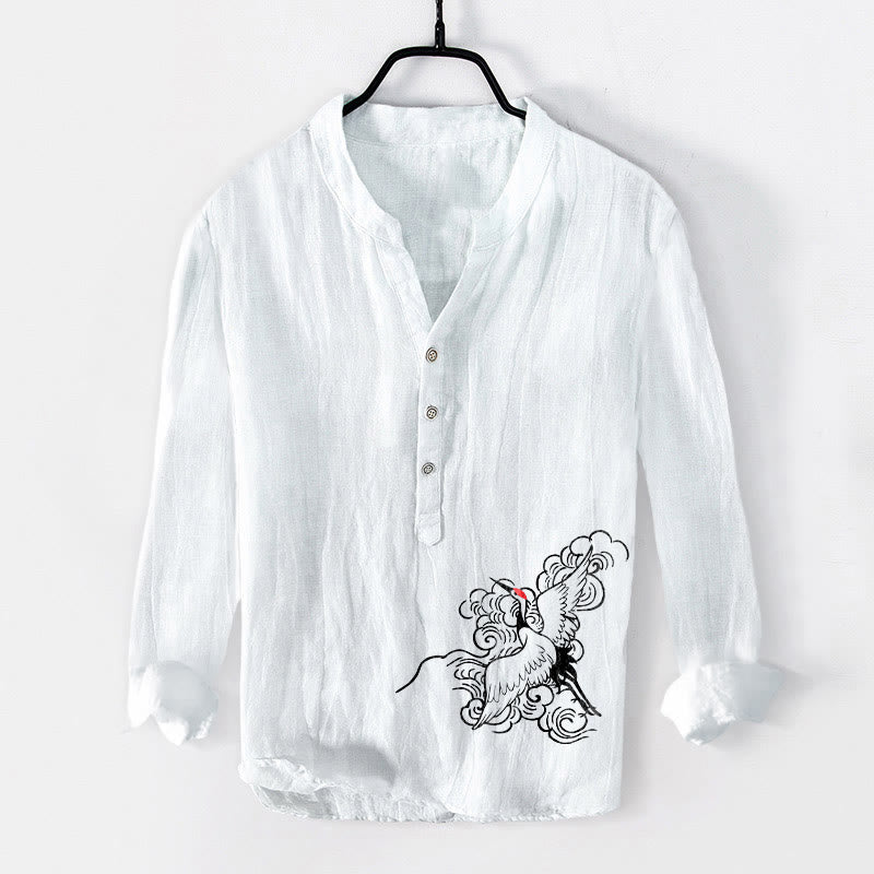 Cotton Linen Crane Print Stand Collar Mindful Shirt