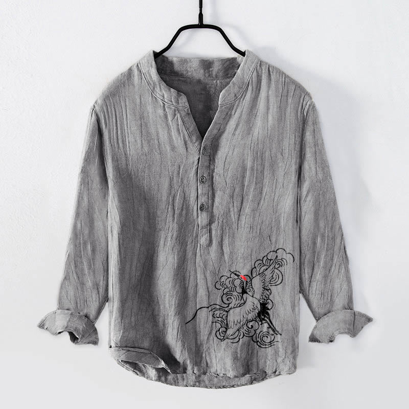 Cotton Linen Crane Print Stand Collar Mindful Shirt