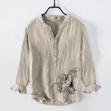 Cotton Linen Crane Print Stand Collar Mindful Shirt