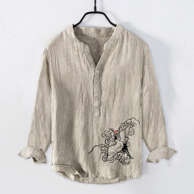 Cotton Linen Crane Print Stand Collar Mindful Shirt