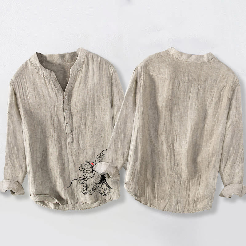 Cotton Linen Crane Print Stand Collar Mindful Shirt