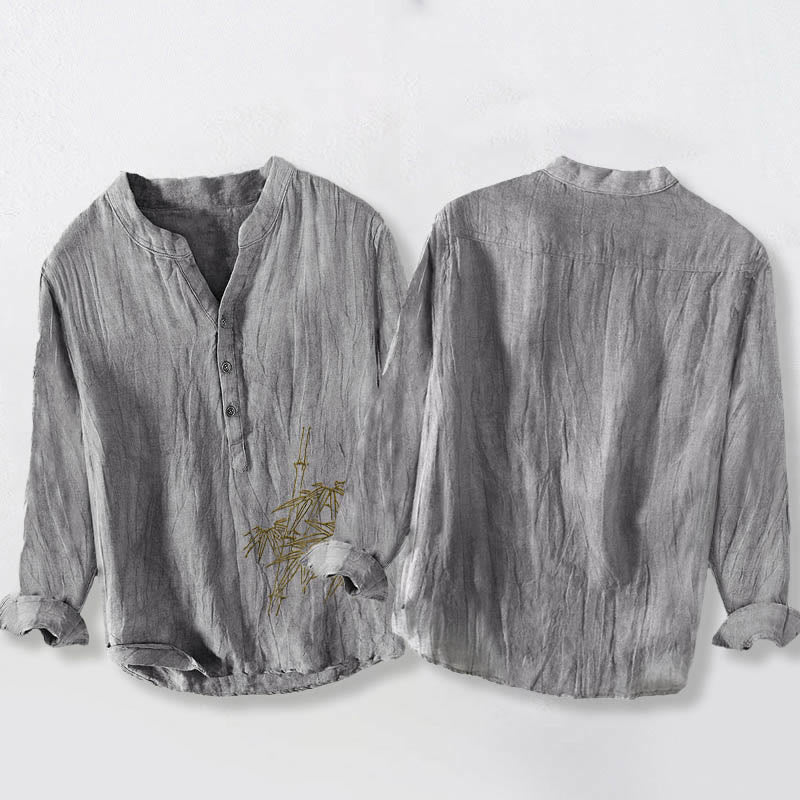 Cotton Linen Bamboo Motif Long Sleeve Stand Collar Meditation Shirt