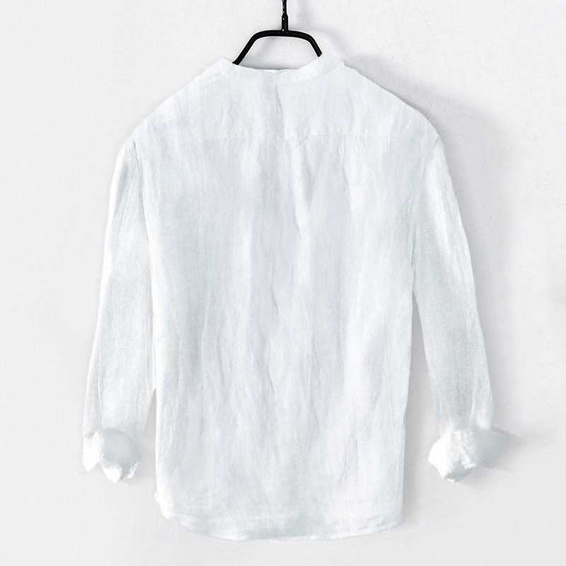 Cotton Linen Bamboo Motif Long Sleeve Stand Collar Meditation Shirt