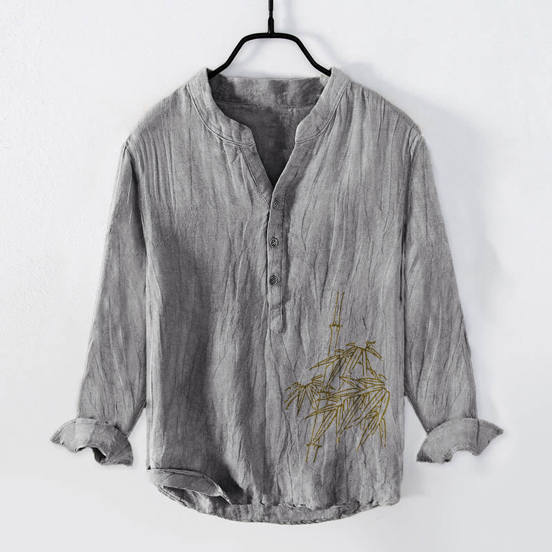 Cotton Linen Bamboo Motif Long Sleeve Stand Collar Meditation Shirt