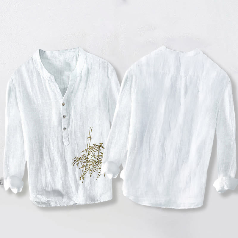 Cotton Linen Bamboo Motif Long Sleeve Stand Collar Meditation Shirt