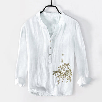 Cotton Linen Bamboo Motif Long Sleeve Stand Collar Meditation Shirt