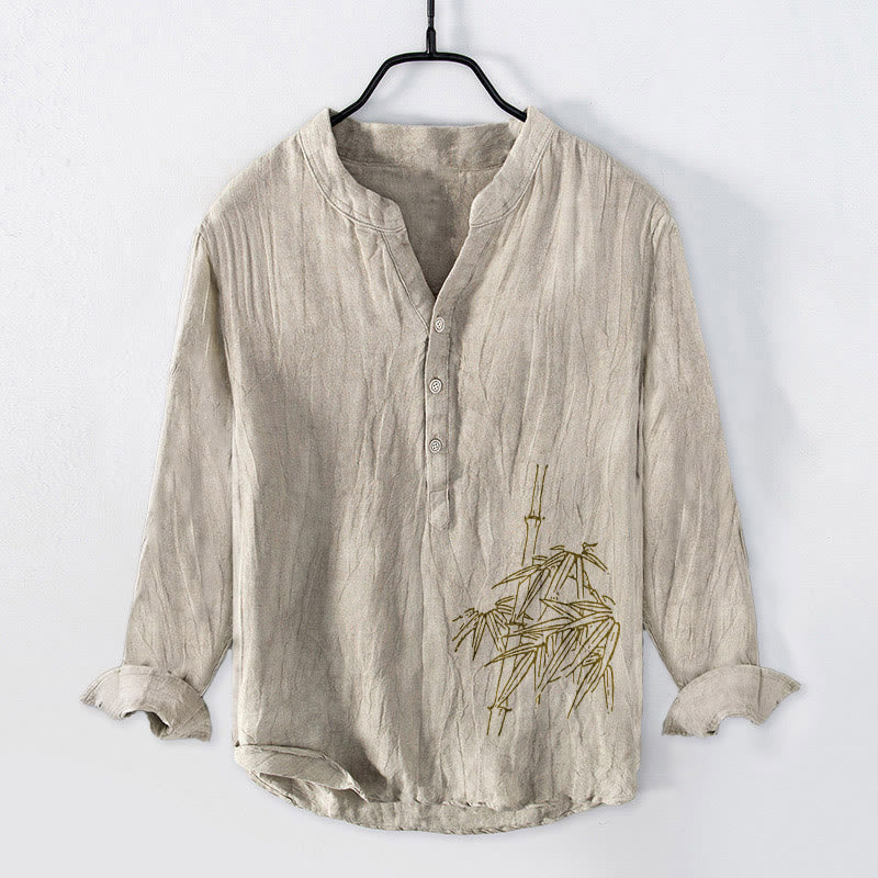 Cotton Linen Bamboo Motif Long Sleeve Stand Collar Meditation Shirt