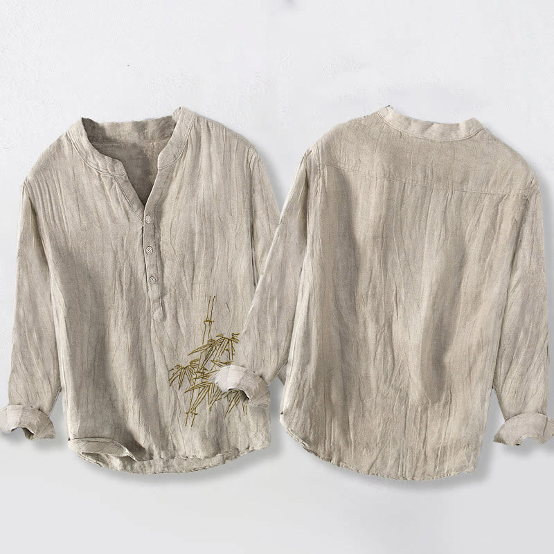 Cotton Linen Bamboo Motif Long Sleeve Stand Collar Meditation Shirt