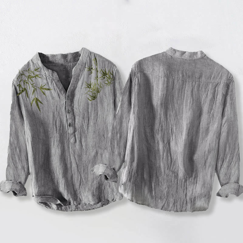 Cotton Linen Stand Collar Bamboo Leaf Print Meditation Shirt