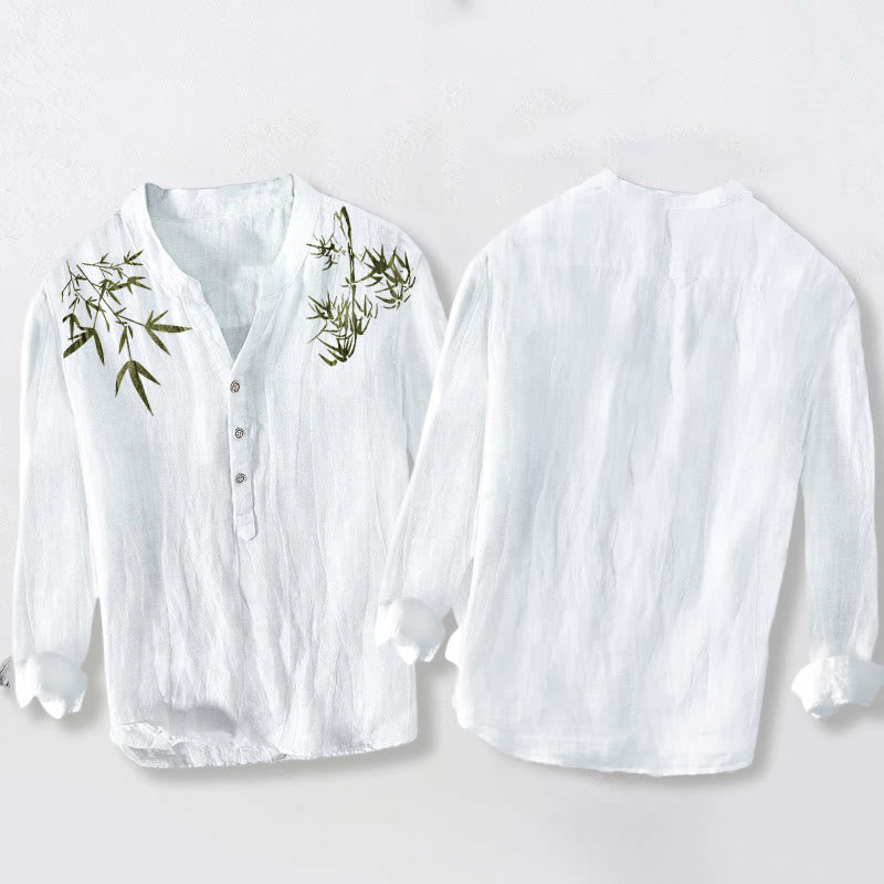 Cotton Linen Stand Collar Bamboo Leaf Print Meditation Shirt