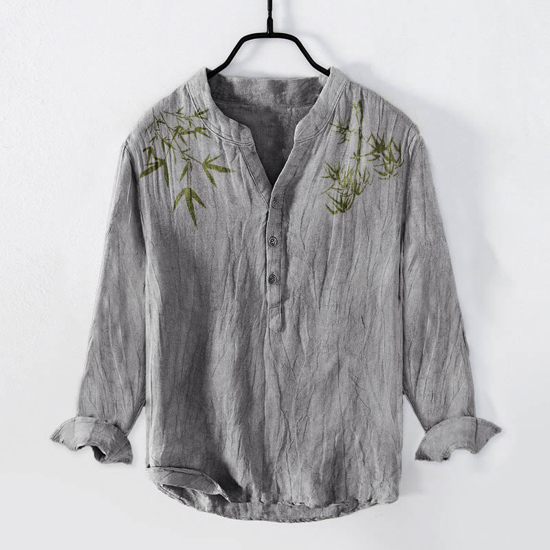 Cotton Linen Stand Collar Bamboo Leaf Print Meditation Shirt